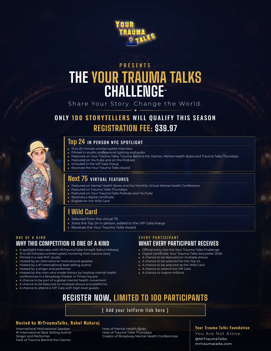 Your Trauma Talks Challenge flyer describing the NYC spotlight, virtual features, and Wild Card opportunity